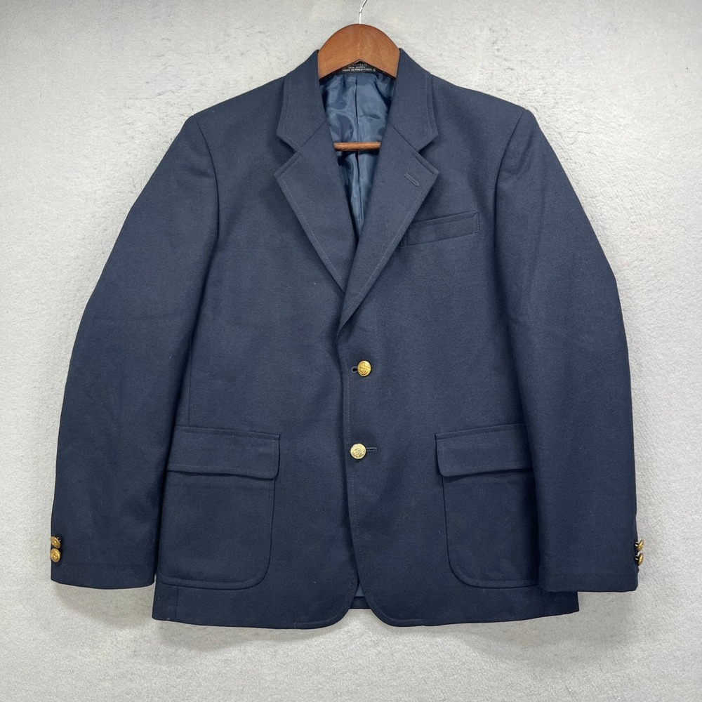 Nordstrom Blazer Boys 14H Navy Blue Wool Blend Gold Crest Buttons Preppy School